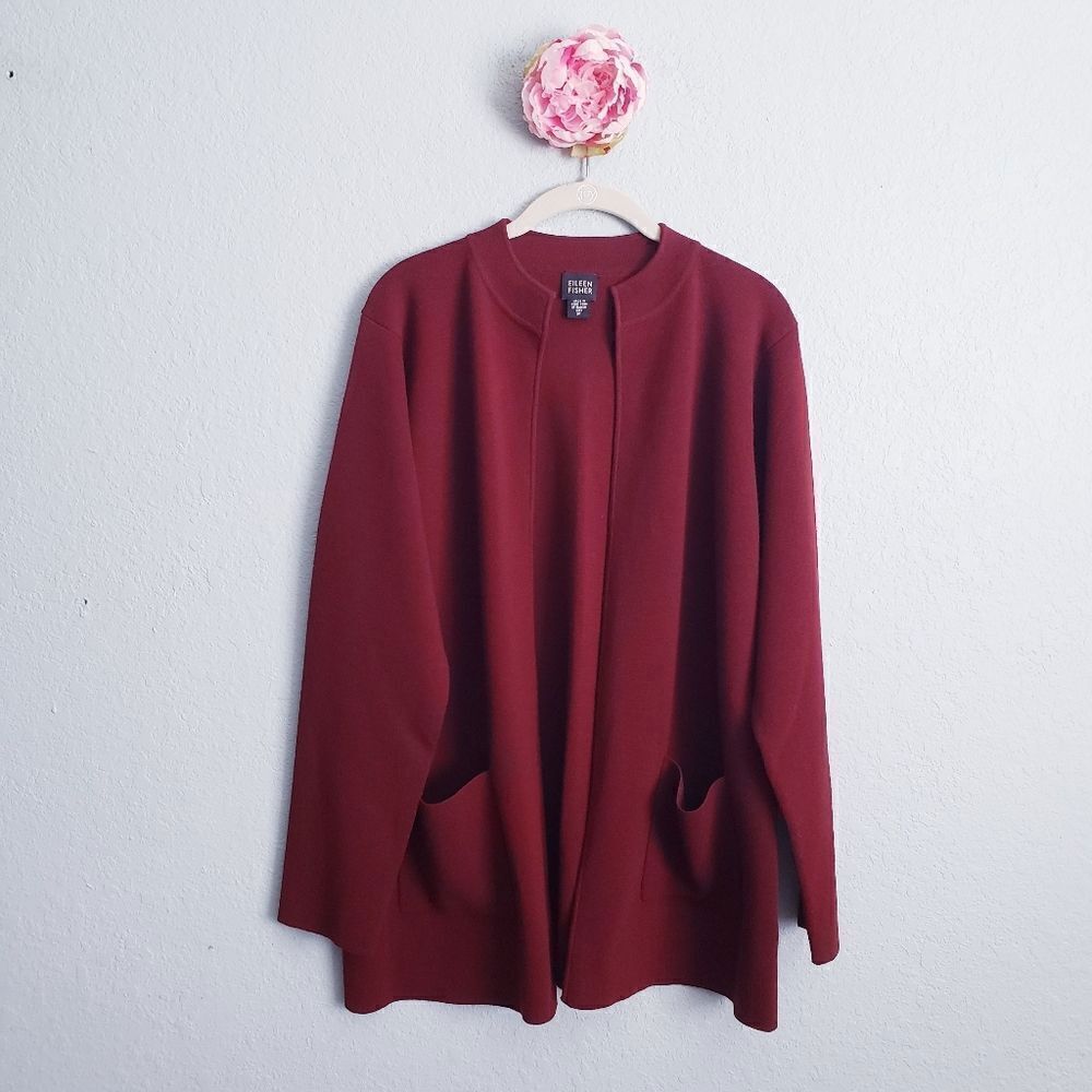 Eileen Fisher Red Wool Heavy Knit Cardigan